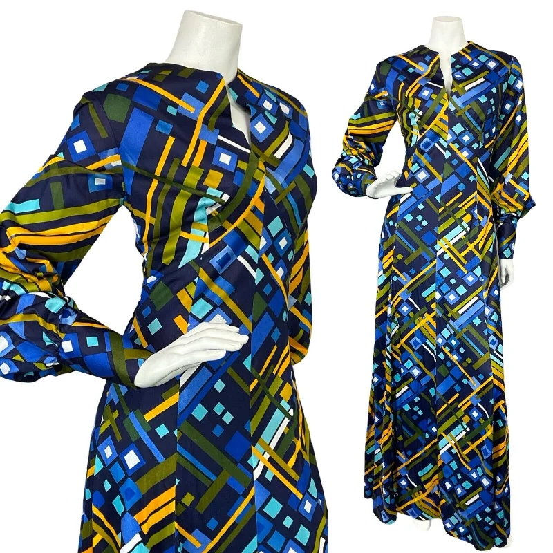 VTG 60S 70S BLUE YELLOW GEOMETRIC BISHOP SLEEVE STRIPE TUNIC MAXI DRESS 10 Trendy Maxi Dress with Lace