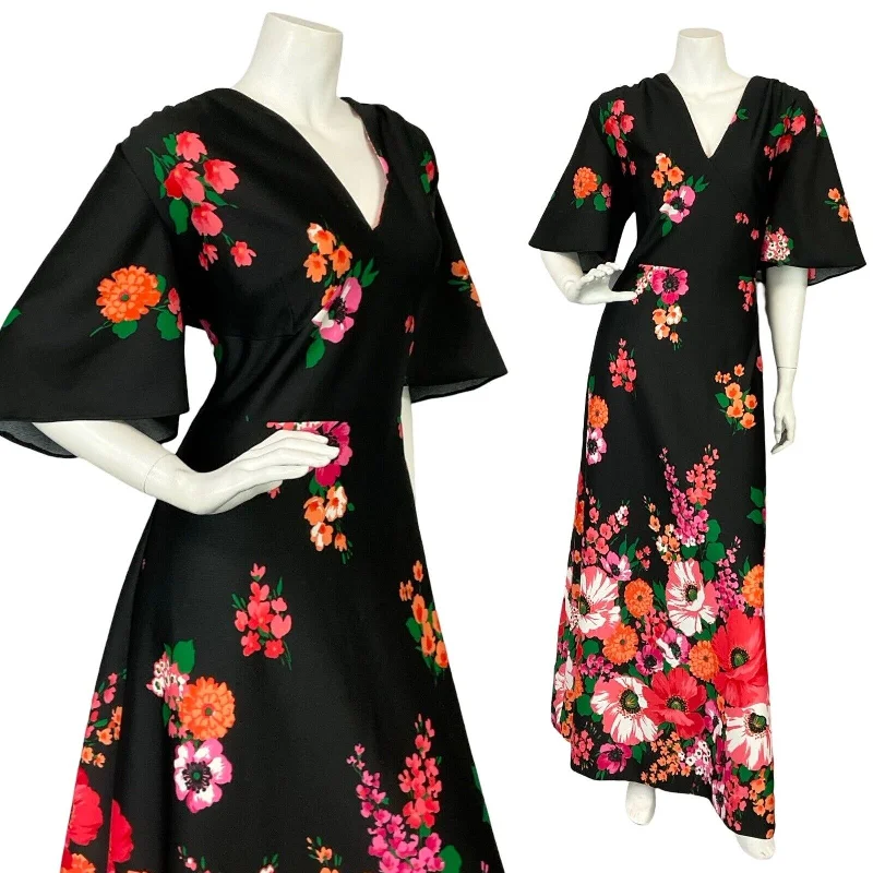 VTG 70S ANGEL SLEEVE BLACK RED PINK FLORAL PLUNGING NECKLINE MAXI DRESS 14 16 Fashionable Layered Maxi Dress VTG 70S ANGEL SLEEVE BLACK RED PINK FLORAL PLUNGING NECKLINE MAXI DRESS 14 16 Fashionable Layered Maxi Dress