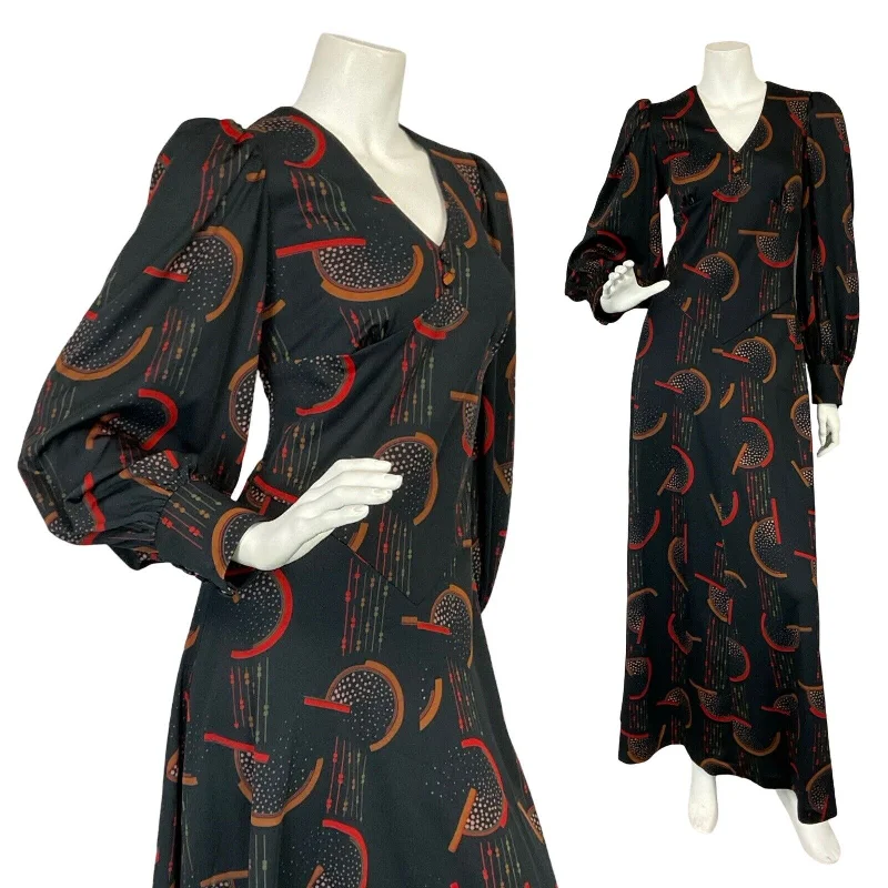VTG 70S BLACK RED BROWN GEOMTRIC ROMNTIC BISHOP SLEEVE BASQUE WAIST MAXI DRESS 8 Fashionable Faux Wrap Maxi Dress