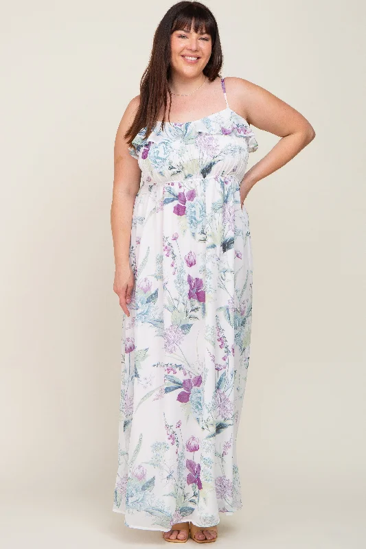White Floral Sleeveless Ruffle Plus Maxi Dress Comfortable Plunging Neckline Maxi Dress White Floral Sleeveless Ruffle Plus Maxi Dress Comfortable Plunging Neckline Maxi Dress