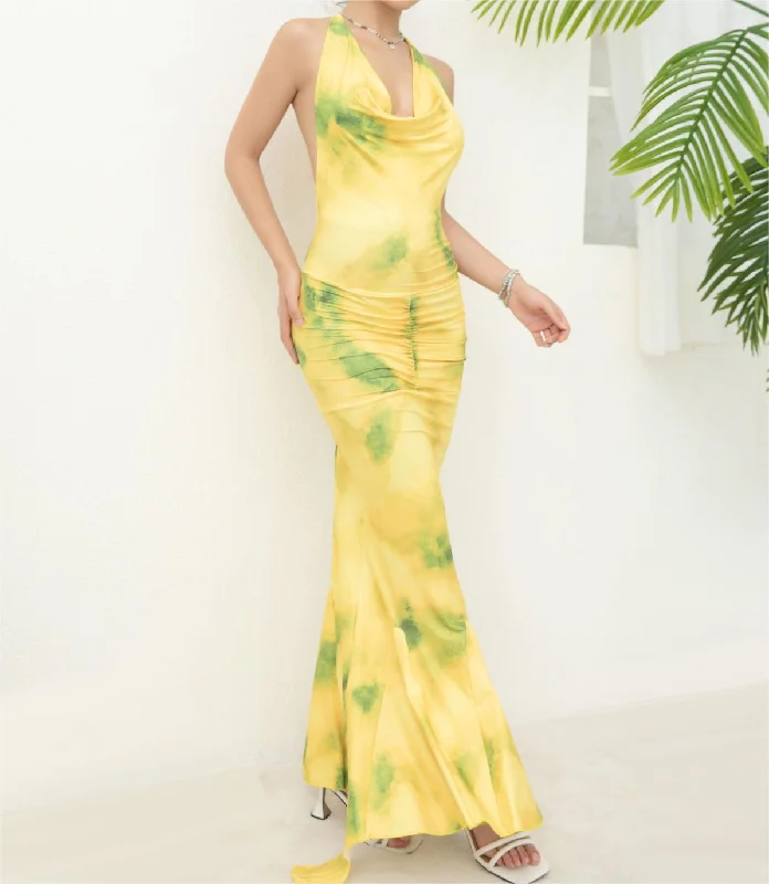 Women Clothing Suspender French Lightly Mature Halter Deep V Plunge Printed Dress Maxi Dress Comfortable Bohemian Maxi Dress