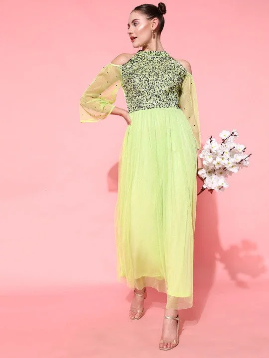 Women Lime Green Fit and Flare Slit Sleeves Embellished Maxi Dress Chic Button-Up Maxi Dress
