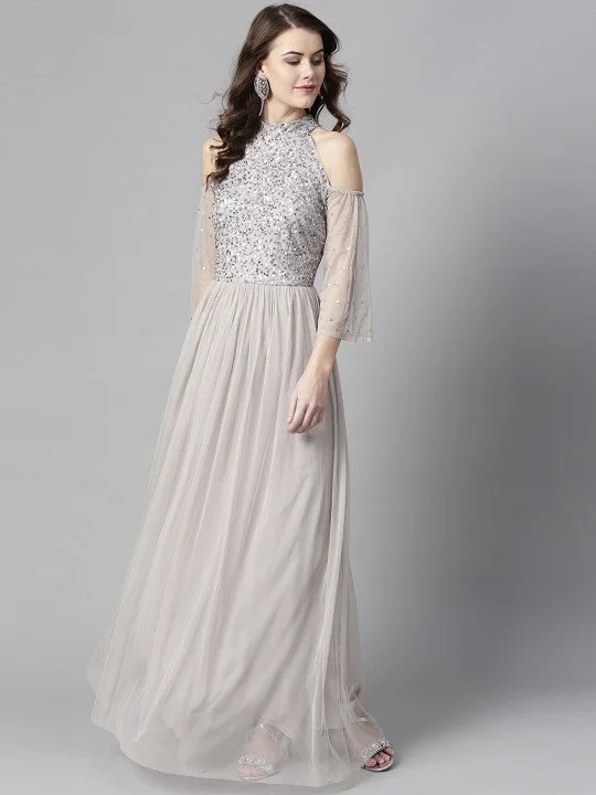 Women Grey Fit and Flare Slit Sleeves Sequinned Maxi Dress Elegant Lace-Up Maxi Dress Women Grey Fit and Flare Slit Sleeves Sequinned Maxi Dress Elegant Lace-Up Maxi Dress