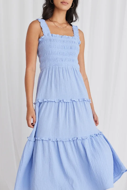 Worthy Powder Blue Shirred Tiered Strappy Maxi Dress Elegant Silk Maxi Dress