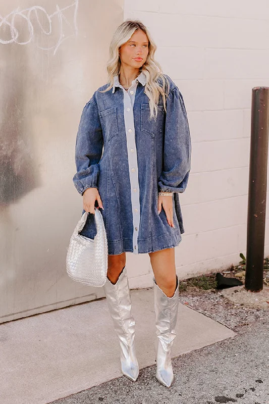 Afternoon Date Denim Mini Dress in Blue Comfortable Wrap Mini Dress