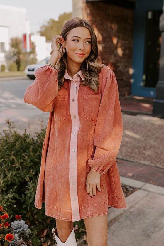 Afternoon Date Denim Mini Dress in Light Rust Stylish Short-Sleeve Mini Dress