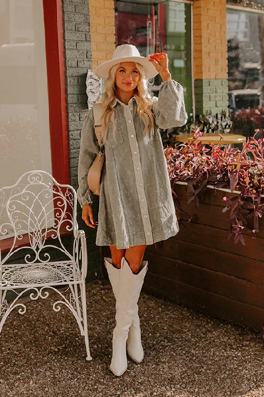Afternoon Date Denim Mini Dress in Sage Fashionable Mini Dress with Frills