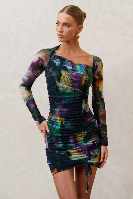 Aphrodite | Watercolour Print Asymmetric Ruched Side Mini Dress Fashionable Mini Dress with Frills Aphrodite | Watercolour Print Asymmetric Ruched Side Mini Dress Fashionable Mini Dress with Frills
