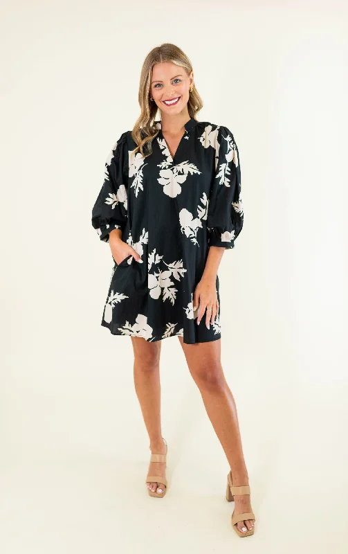 Black Floral V-Neck Mini Dress Comfortable Linen Mini Dress