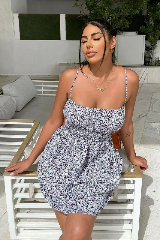 Black Purple Floral Print Shirred Backless Mini Dress - Allison Stylish Button-Down Mini Dress Black Purple Floral Print Shirred Backless Mini Dress - Allison Stylish Button-Down Mini Dress