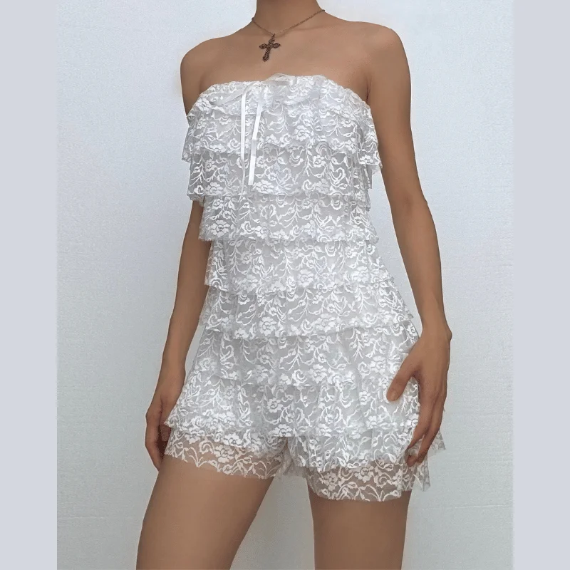 Bowknot lace backless ruffle tube mini dress Cozy Ribbed Mini Dress