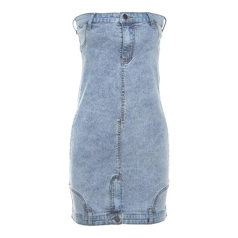 Button zip-up backless denim tube mini dress Cozy Jersey Mini Dress