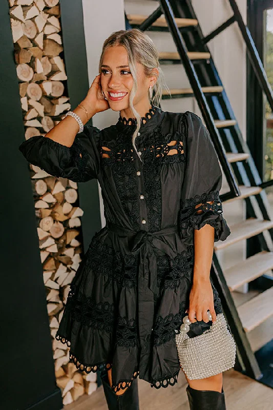 Candlelight Dinner Crochet Mini Dress in Black Trendy Mini Dress with Belt