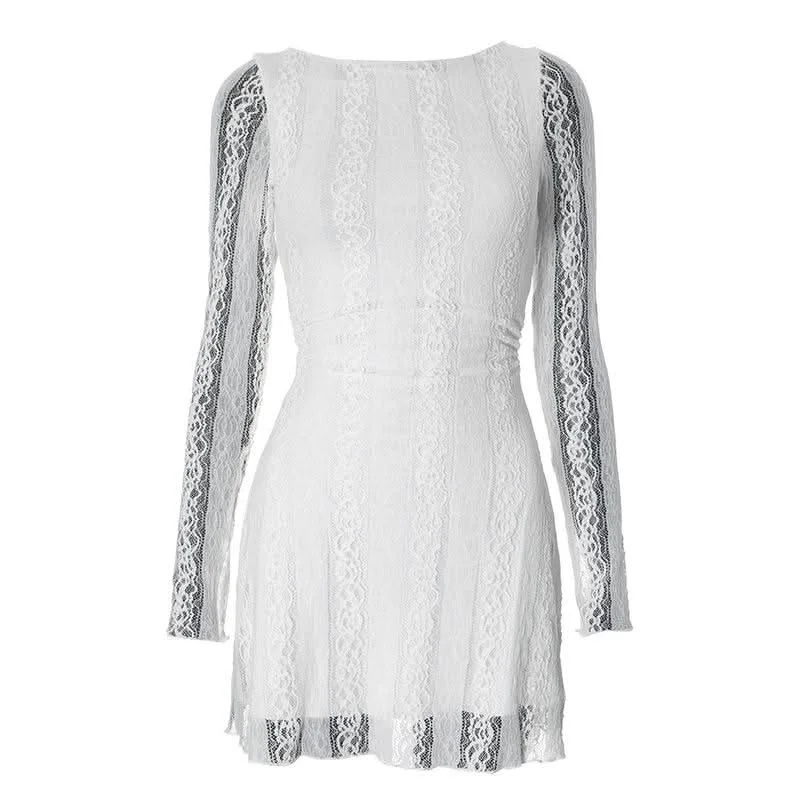 Crewneck long sleeve lace mini dress Classic Black Mini Dress
