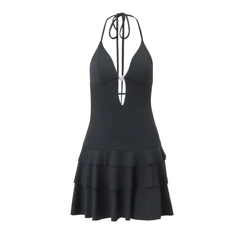 Deep V neck ruffle halter backless flower applique mini dress Elegant Mini Dress with Ruffles