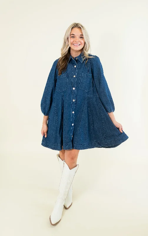Denim Button Up Long Sleeve Mini Dress Comfortable Bodycon Mini Dress