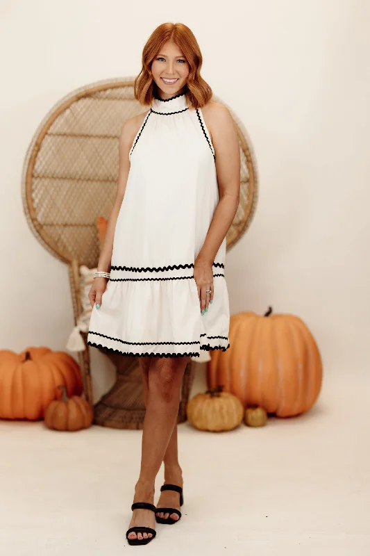 Ecru Halter Neck Ric Rac Trim Mini Dress Trendy Bodycon Mini Dress