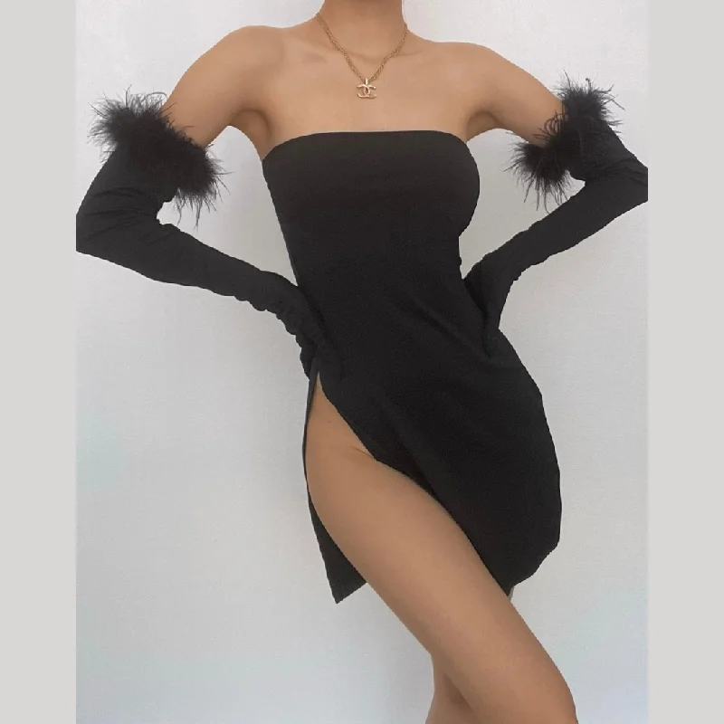 Feather solid slit backless gloves tube mini dress Cozy Jersey Mini Dress