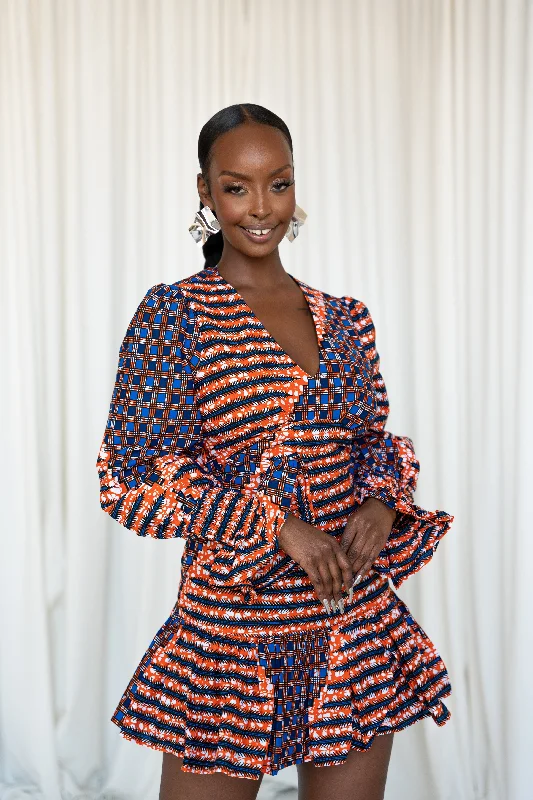 FIMI African Print V-neck Peplum Mini Dress Cozy Cotton Mini Dress