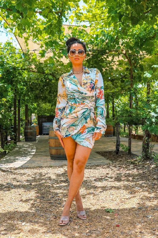 Tropical Luxe Wrap Mini Dress Chic Puff Sleeve Mini Dress