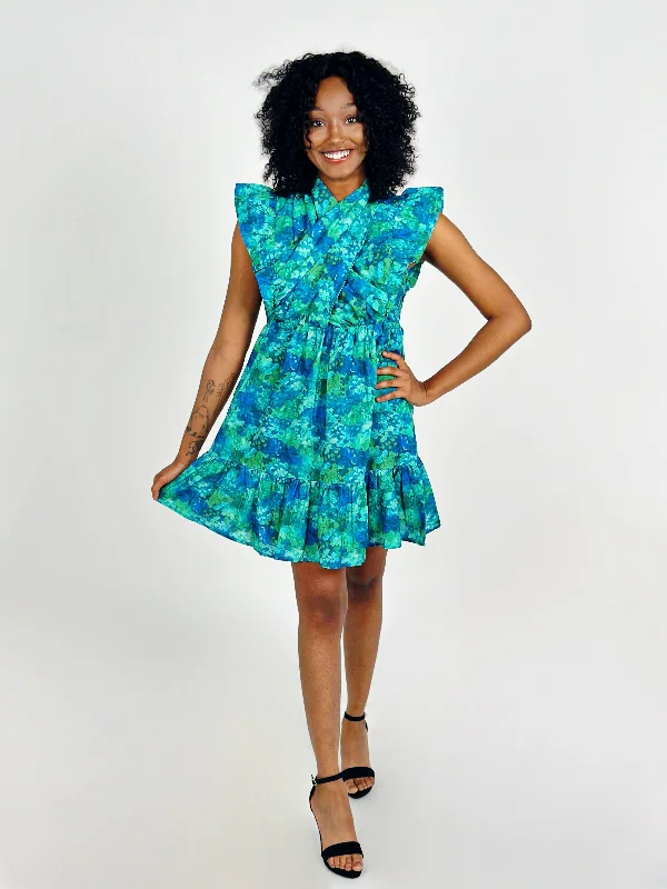 Green Printed Mini Dress Fashionable Polka Dot Mini Dress