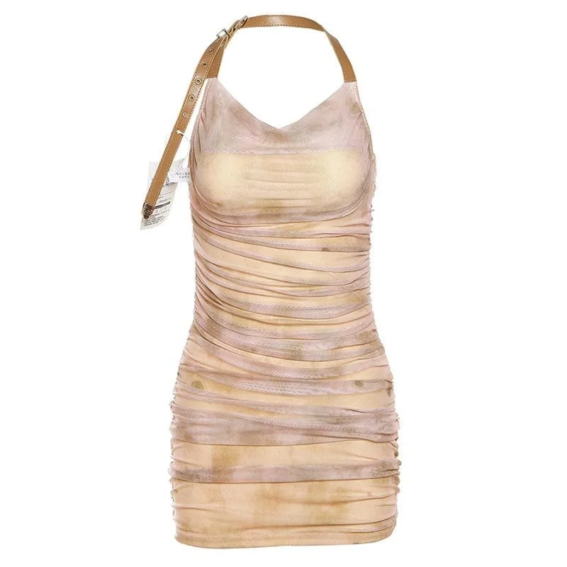 Halter buckle tie dye ruched mini dress Stylish Ribbed Mini Dress