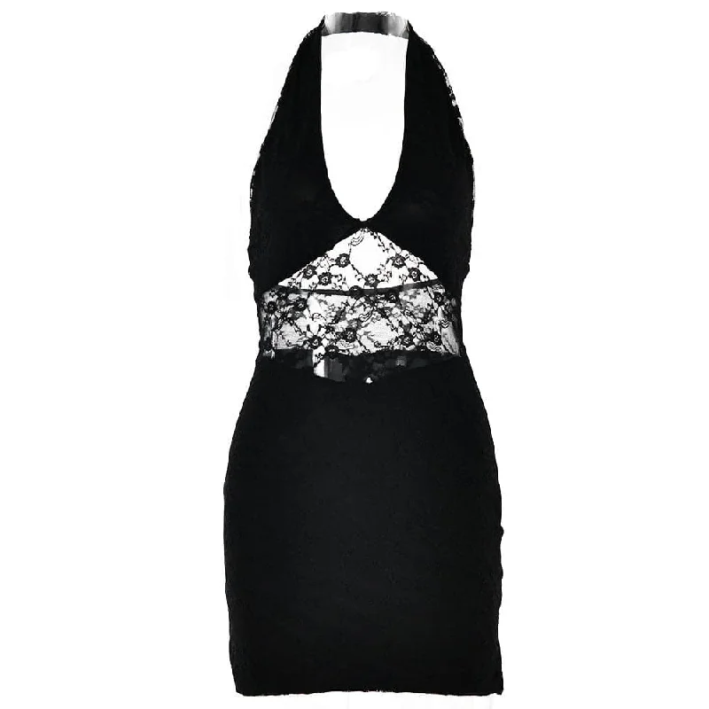 Halter lace patchwork v neck backless mini dress Trendy Mesh Mini Dress