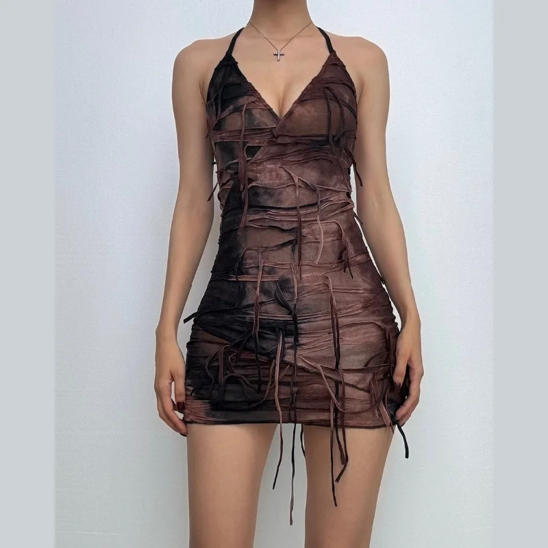 Halter tie dye v neck tassels mini dress Elegant Vintage Mini Dress