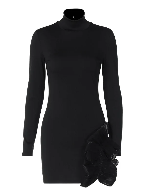 High neck long sleeve ruffle mini dress Fashionable Off-Shoulder Mini Dress