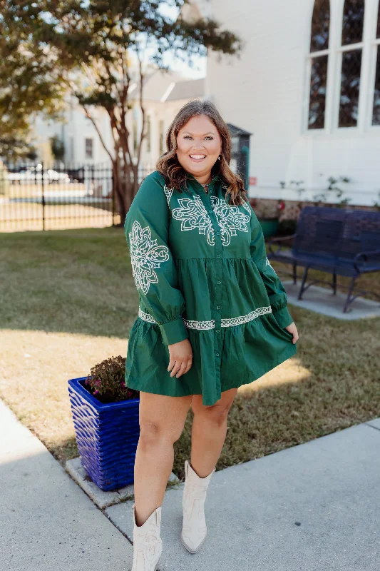 Hunter Green Embroidered Button Down Mini Dress Stylish Short-Sleeve Mini Dress