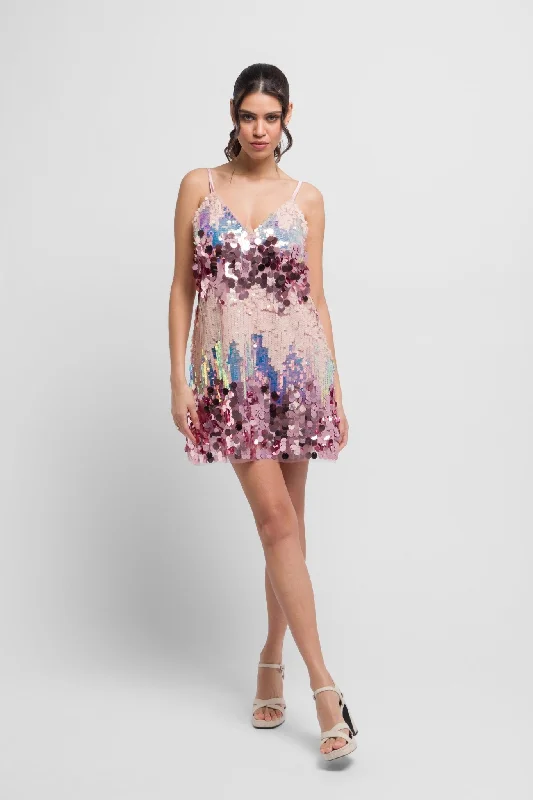 Kia Pink Multi Pastel Cami Sequin Mini Dress - Festive Stylish Ribbed Mini Dress