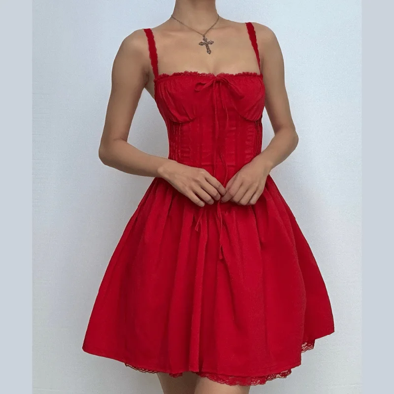 Lace hem drawstring ruched lace up cami mini dress Elegant Lace-Up Mini Dress
