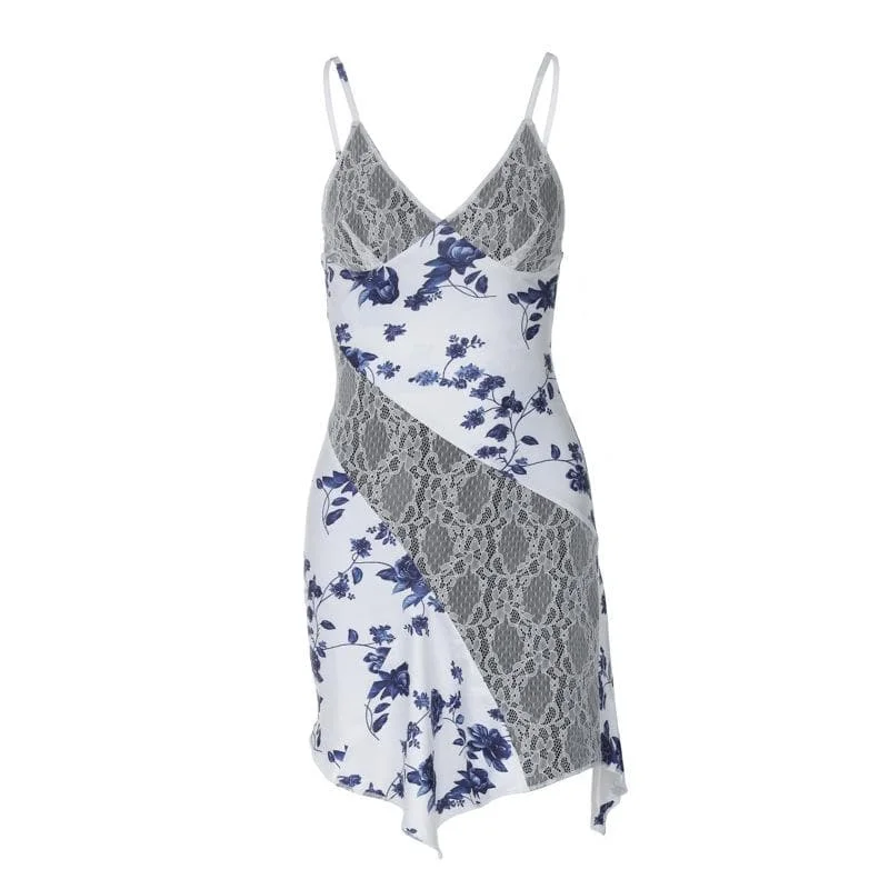 Lace v neck print patchwork ruffle cami mini dress Elegant Mini Dress with Pleats