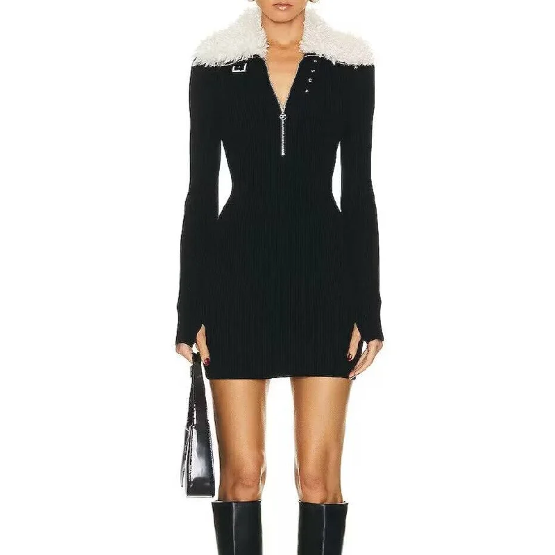 Layla Long Sleeve Wool Blend Zipped Knit Mini Dress Trendy Tulle Mini Dress