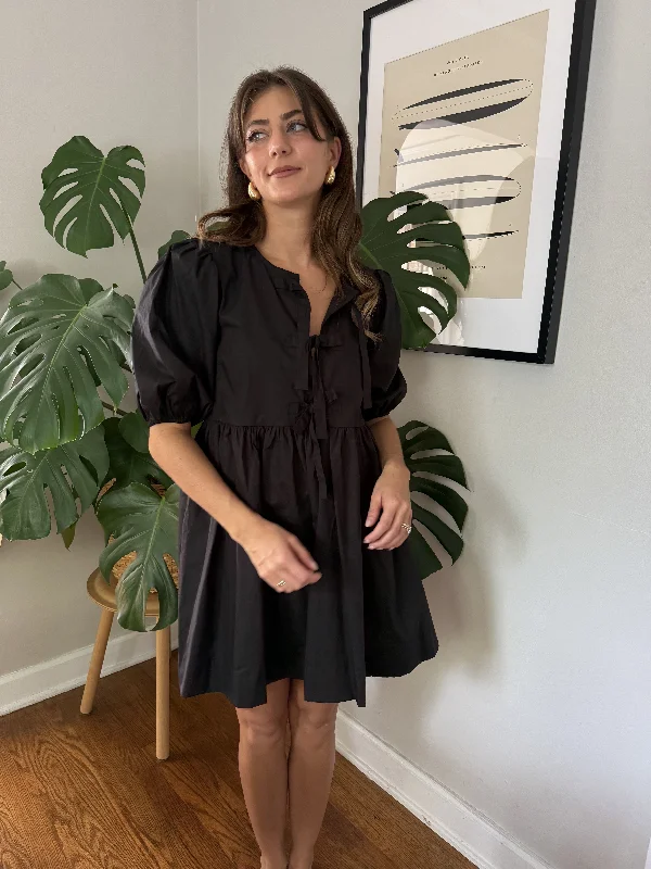 Leslie Black Poplin Tie Top Puff Sleeve Mini Dress Trendy Mini Dress with Belt
