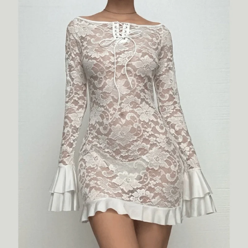 Long flared sleeve lace up lace see through mini dress Trendy Lace Mini Dress