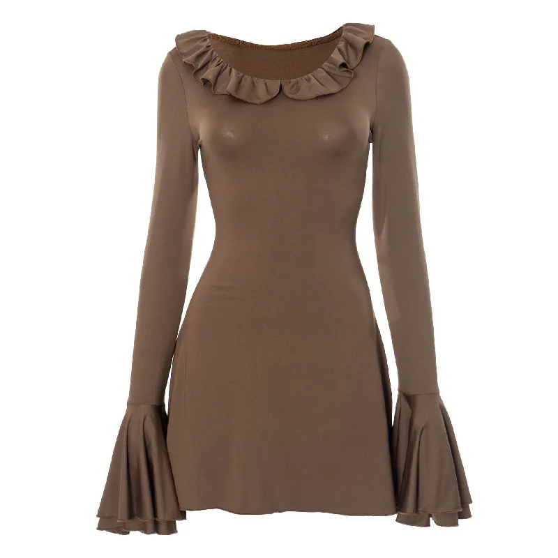 Long flared sleeve ruffle round neck ruched mini dress Modern Satin Mini Dress