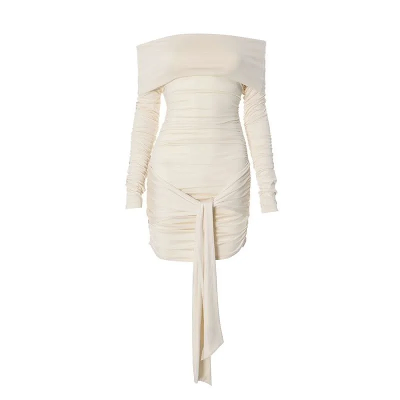 Long sleeve off shoulder ruched knotted mini dress Elegant Lace Mini Dress