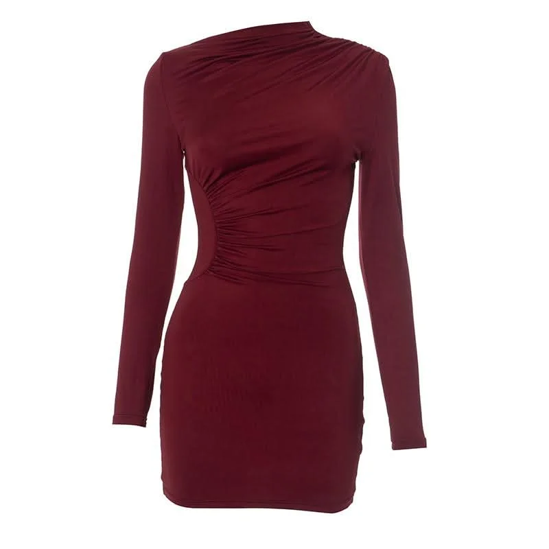 Long sleeve ruched irregular solid mini dress Cozy Knitted Mini Dress