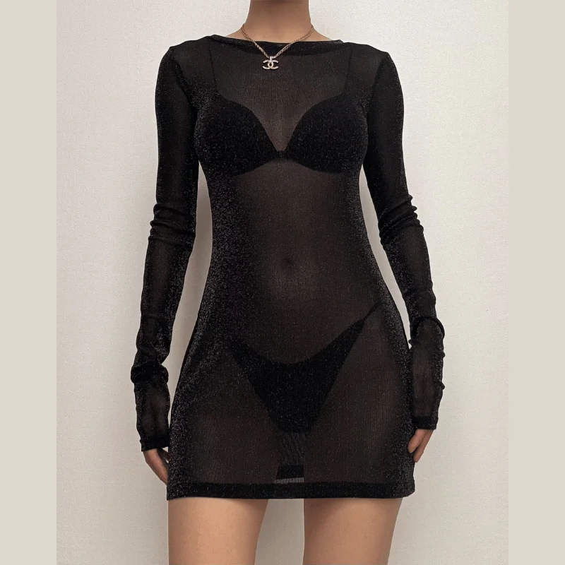 Long sleeve sheer mesh glitter mini dress Stylish Short-Sleeve Mini Dress