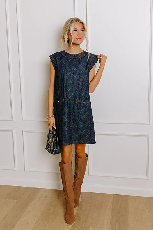 Metropolitan Muse Denim Mini Dress in Dark Wash Elegant Lace Mini Dress