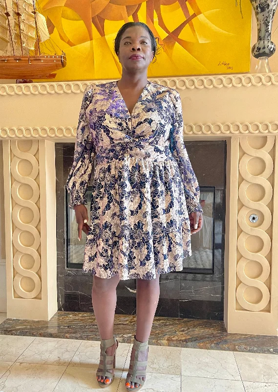 Navy/Gold Floral Mini Dress Comfortable Smocked Mini Dress