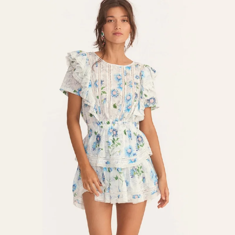 Zjkrl New Arrival Summer Short Sleeve Natasha Mini Dress Women Ruffled A-line Dress Blue Print Casual High-Waist Mini Dress