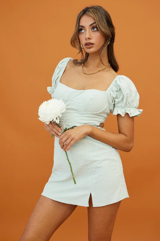 Norma Jean Puff Sleeve Piping Trim Mini Dress Sage Elegant Floral-Print Mini Dress