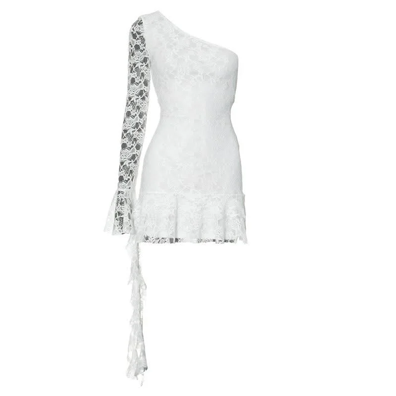 One shoulder long sleeve lace ruffle mini dress Cozy Ruched Mini Dress