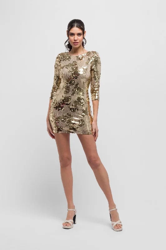 Paris Gold sequin mini dress. Glamorous & eye-catching. Trendy Mini Dress with Belt