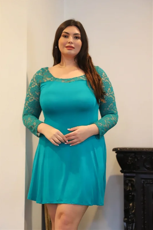 Plus Lace Detail Long Sleeve Mini Dress in Teal Cozy Long Sleeve Mini Dress