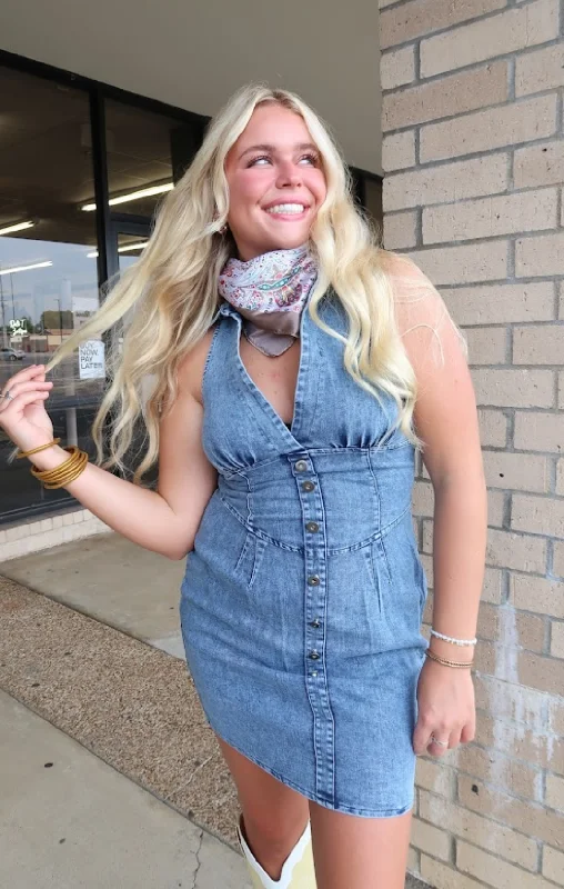 Retro Acid Wash Stretch Denim Mini Dress Classic Floral Print Mini Dress
