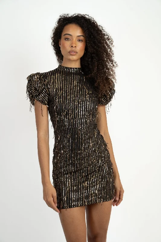 Roli String Sequin Mini Dress in Black and Gold Fashionable Off-Shoulder Mini Dress