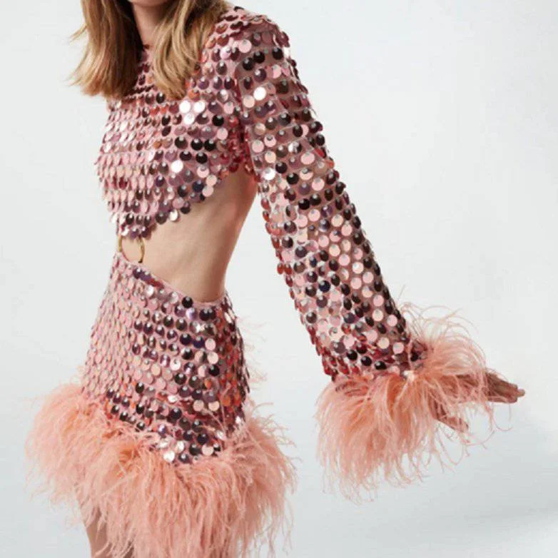 Rosie Long Sleeve Sequin Feather Cutout Mini Dress Cozy Ruched Mini Dress
